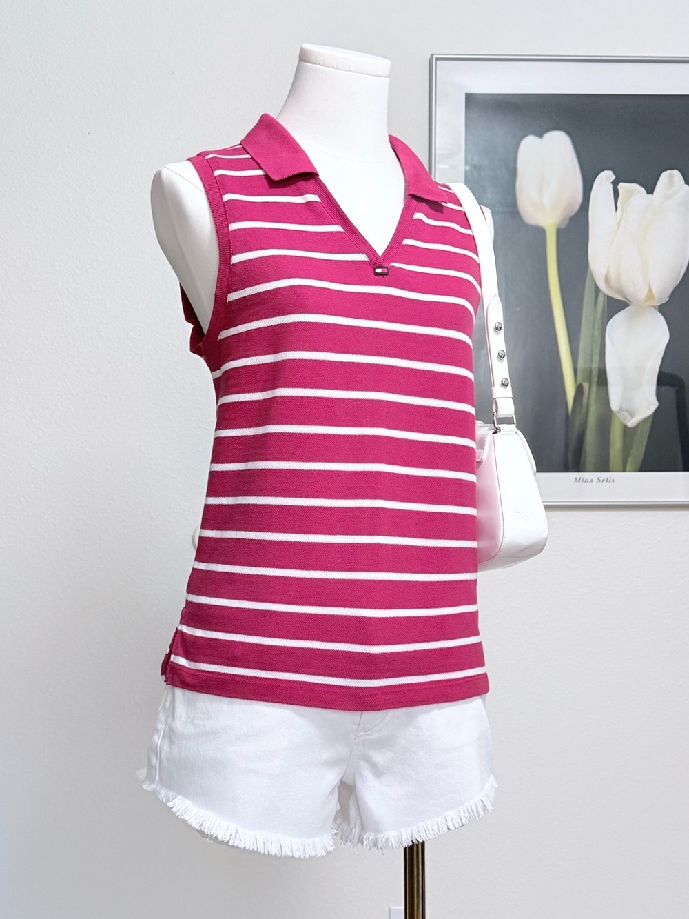Y2K Tommy Jeans Striped V Neck Polo Tank Sporty Blokette Preppy